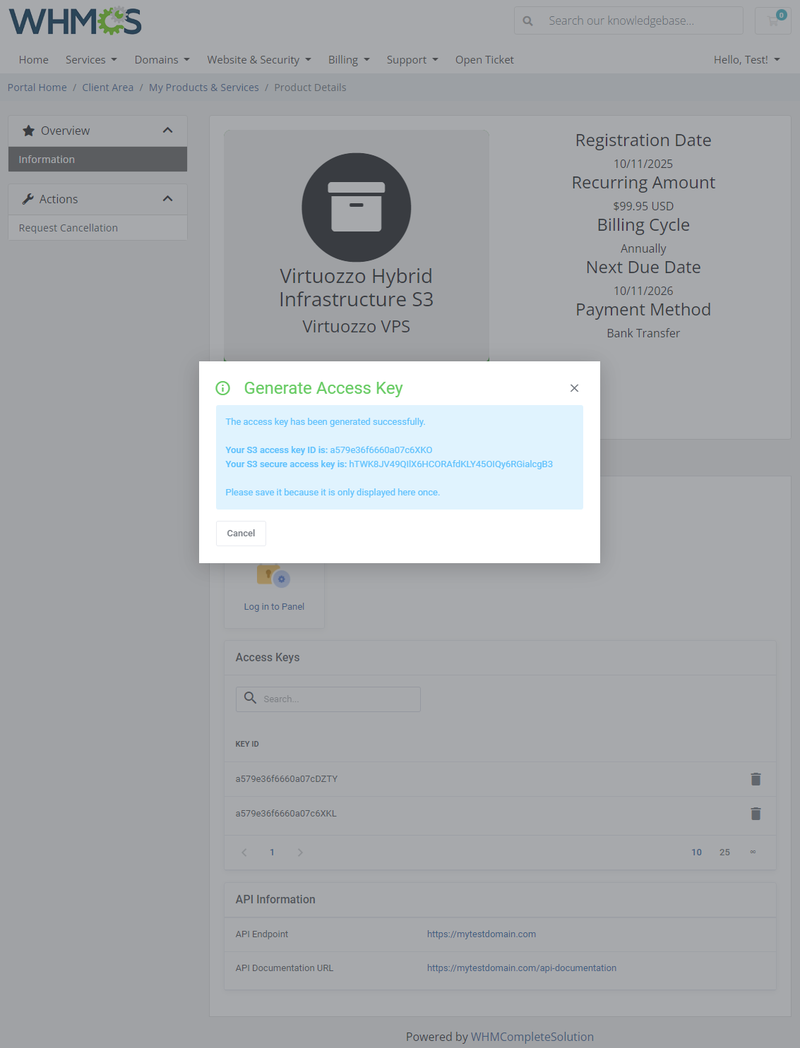 Virtuozzo Hybrid Infrastructure S3 For WHMCS: Module Screenshot 2