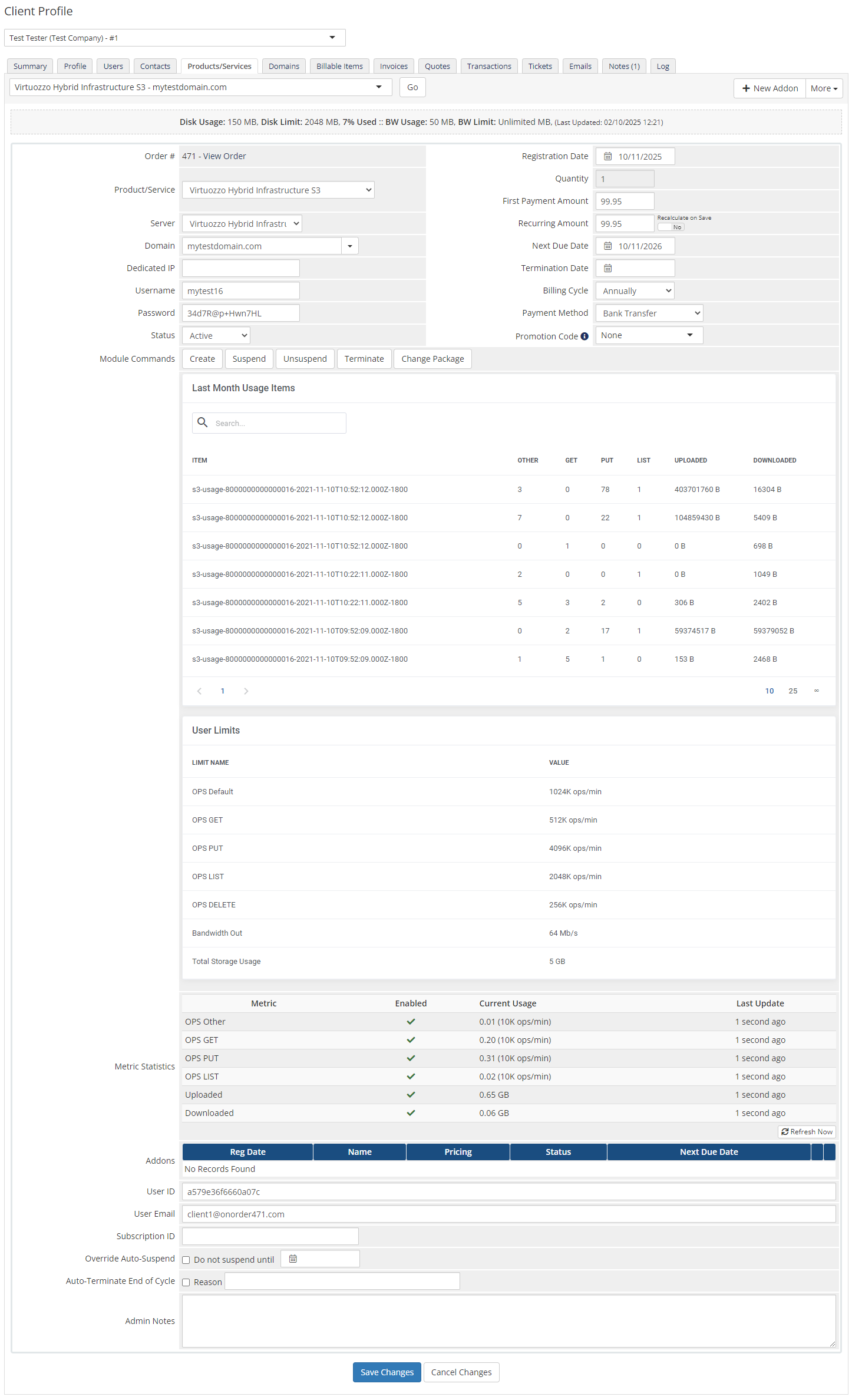 Virtuozzo Hybrid Infrastructure S3 For WHMCS: Module Screenshot 6