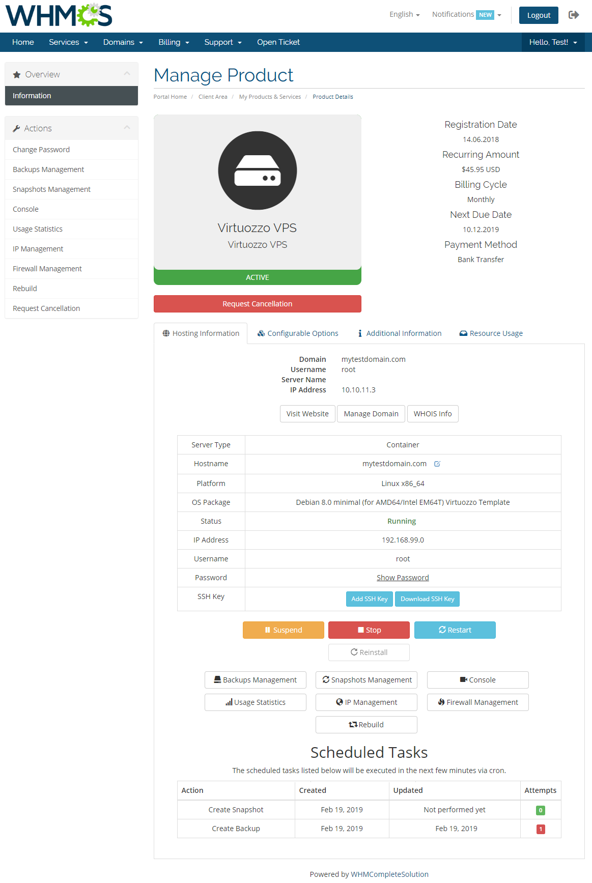 Virtuozzo Hybrid Server For WHMCS: Module Screenshot 2