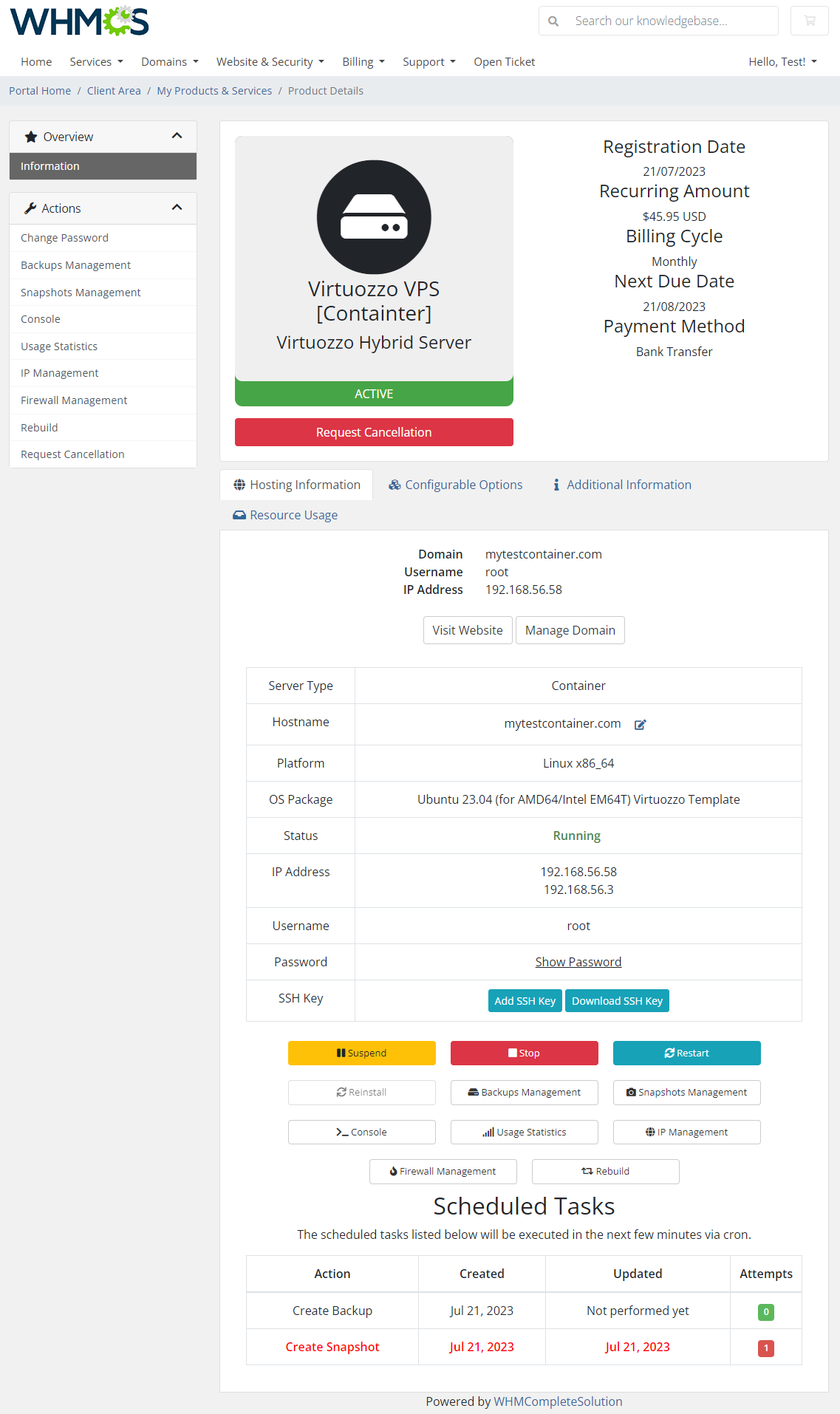 Virtuozzo Hybrid Server For WHMCS: Module Screenshot 2