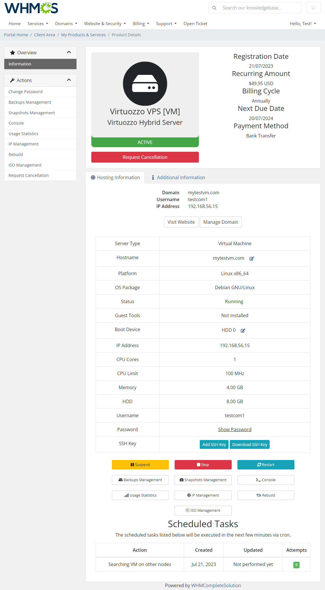 Virtuozzo Hybrid Server For WHMCS: Module Screenshot 1