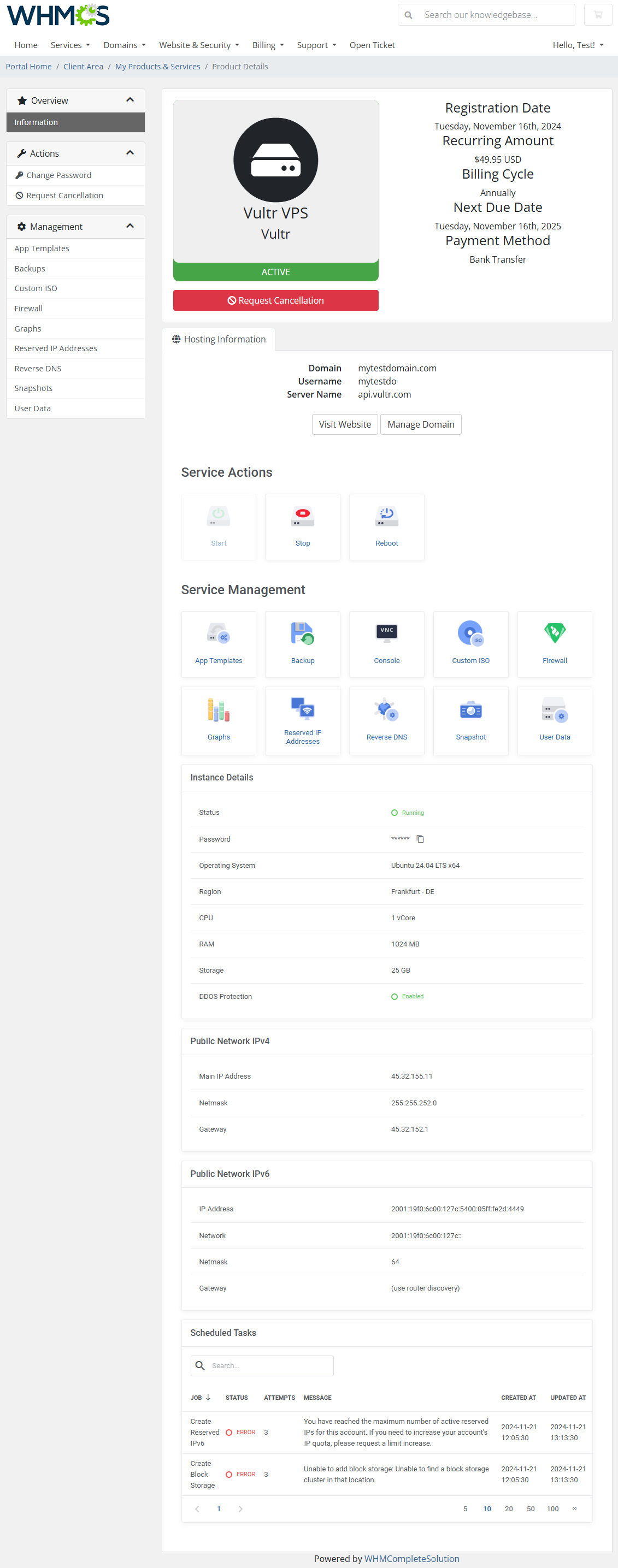 Vultr VPS For WHMCS: Module Screenshot 1