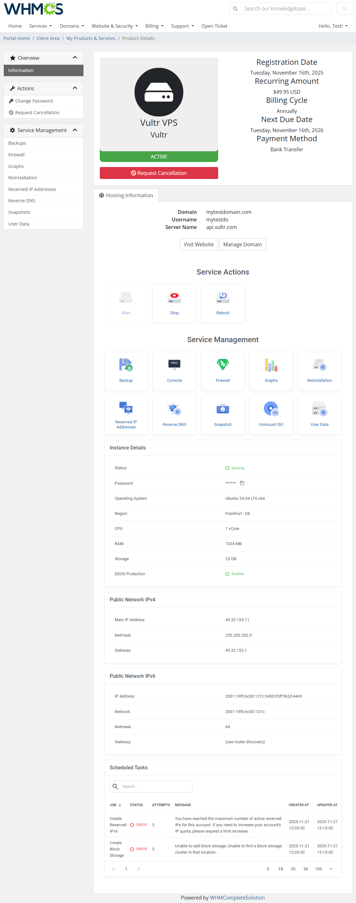 Vultr VPS For WHMCS: Module Screenshot 1