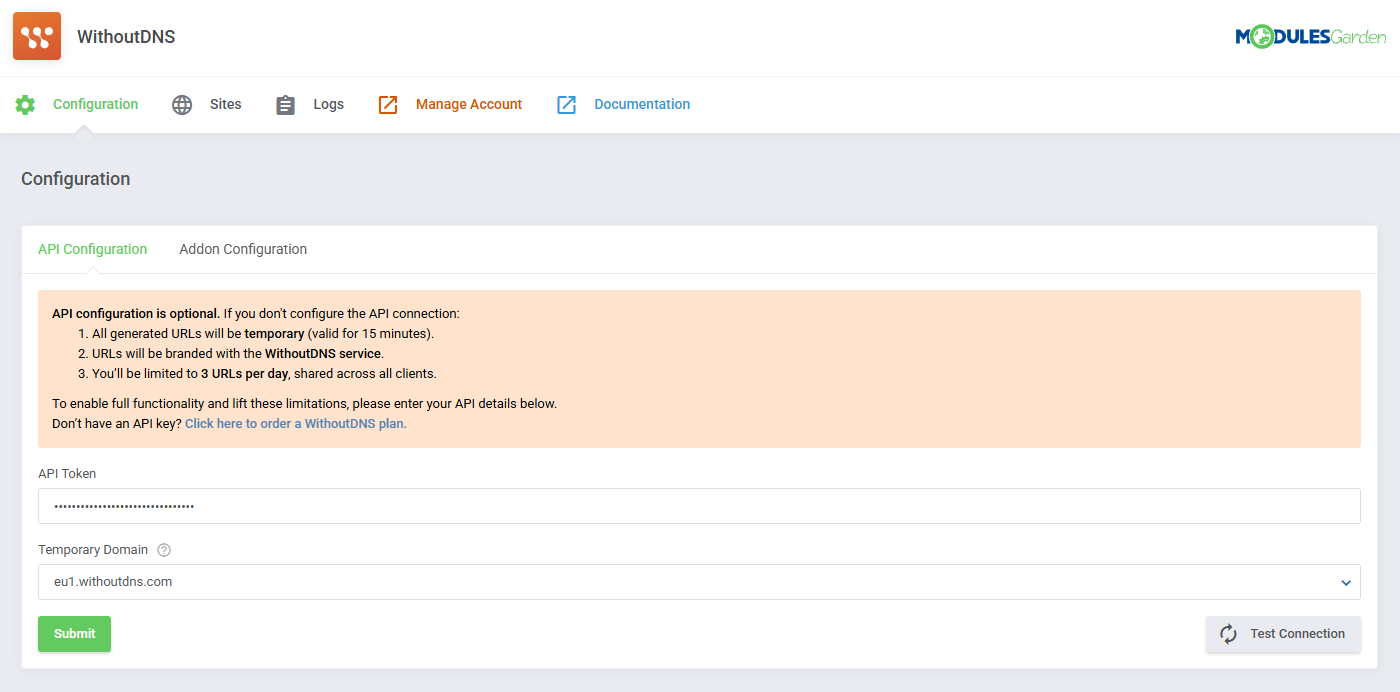 WithoutDNS For WHMCS: Module Screenshot 3