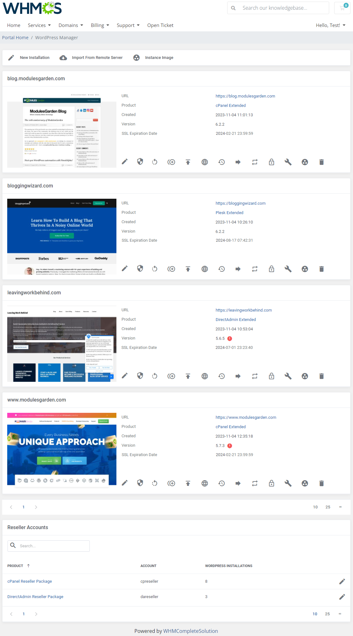 WordPress Manager For WHMCS: Module Screenshot 1