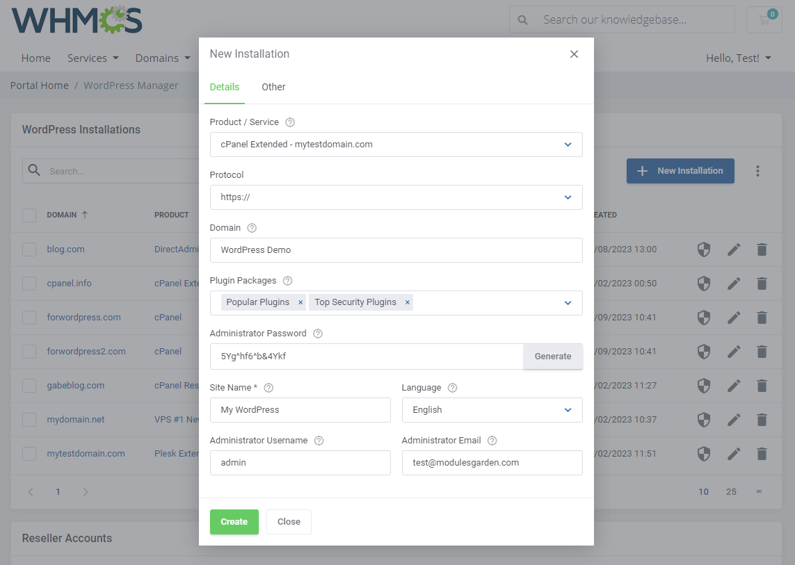 WordPress Manager For WHMCS: Module Screenshot 3