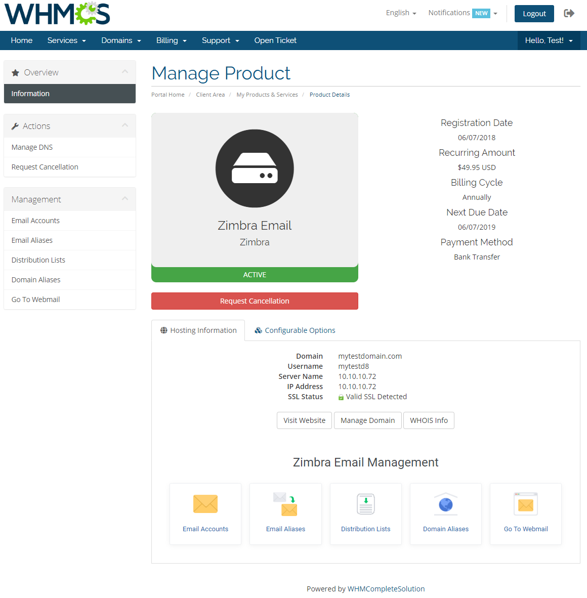 Zimbra Email For WHMCS: Module Screenshot 1